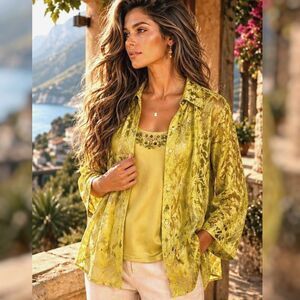 Resortwear 20 Sheer Green Gold Embellished Tank Sheer Blousre 2pc Set Vacation